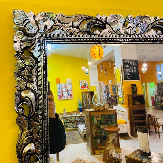 Specchio etnico cornice in legno color argento anticato