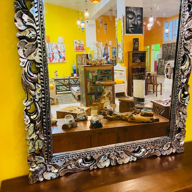 Ethnic mirror with silver wooden frame