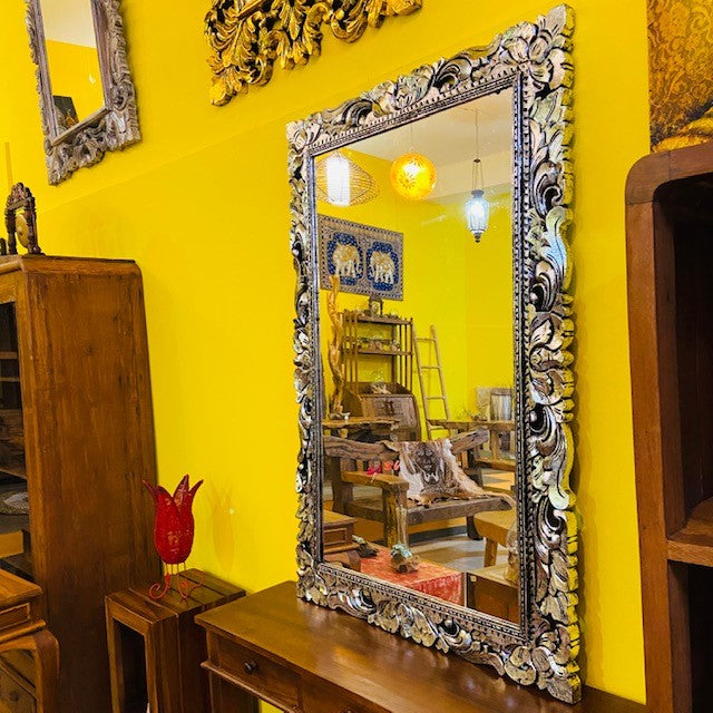 Ethnic mirror with silver wooden frame