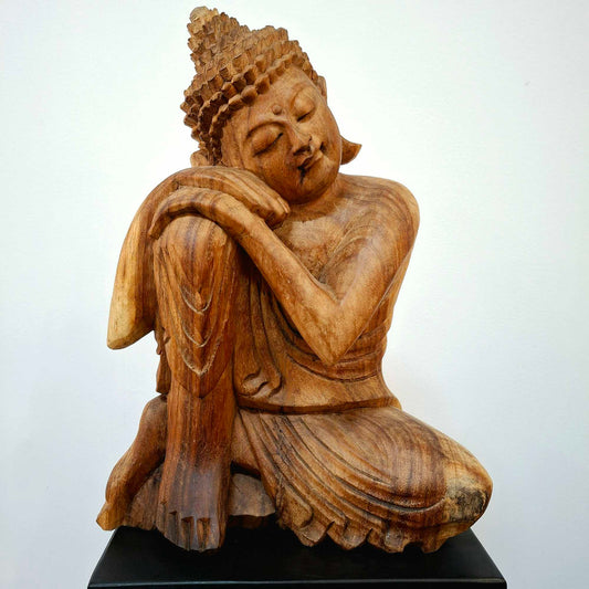 Statuetta Buddha dormiente scultura in legno suar