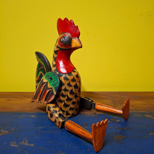 Statuetta gallo in legno burattino decorativo