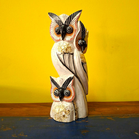Statuetta famiglia di Gufi in legno soprammobile
