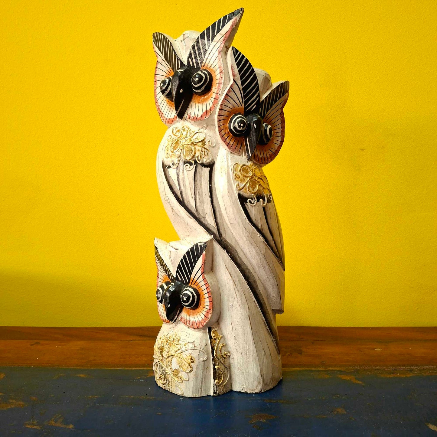 Statuetta famiglia di Gufi in legno soprammobile