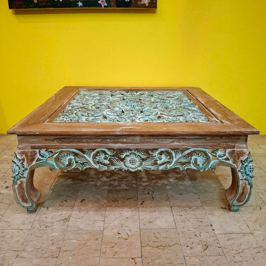 Tavolino etnico da salotto design floreale in legno teak