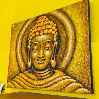 Peinture ethnique Bouddha sur toile brodée aura dorée