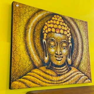 Peinture ethnique Bouddha sur toile brodée aura dorée