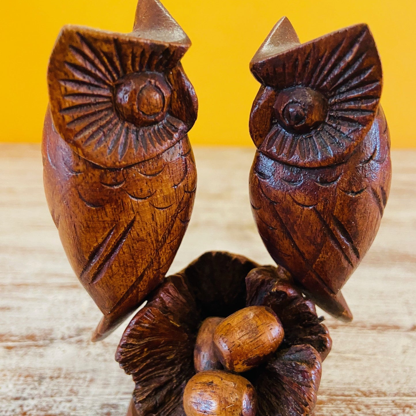 Owl family ethnic wood sculpture nest with eggs