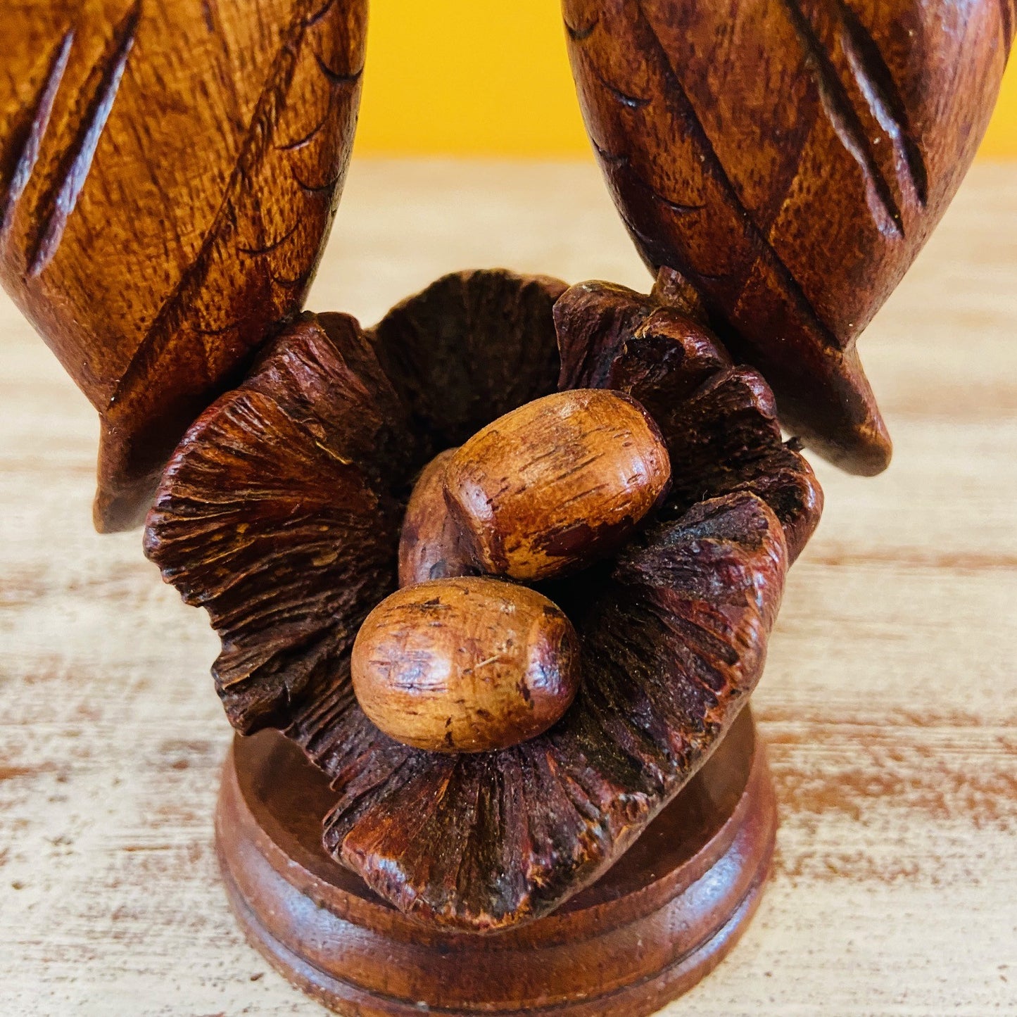 Owl family ethnic wood sculpture nest with eggs