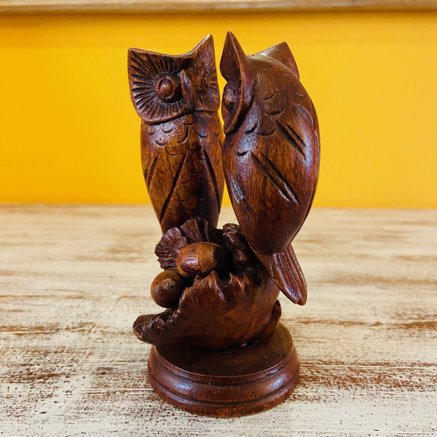 Owl family ethnic wood sculpture nest with eggs