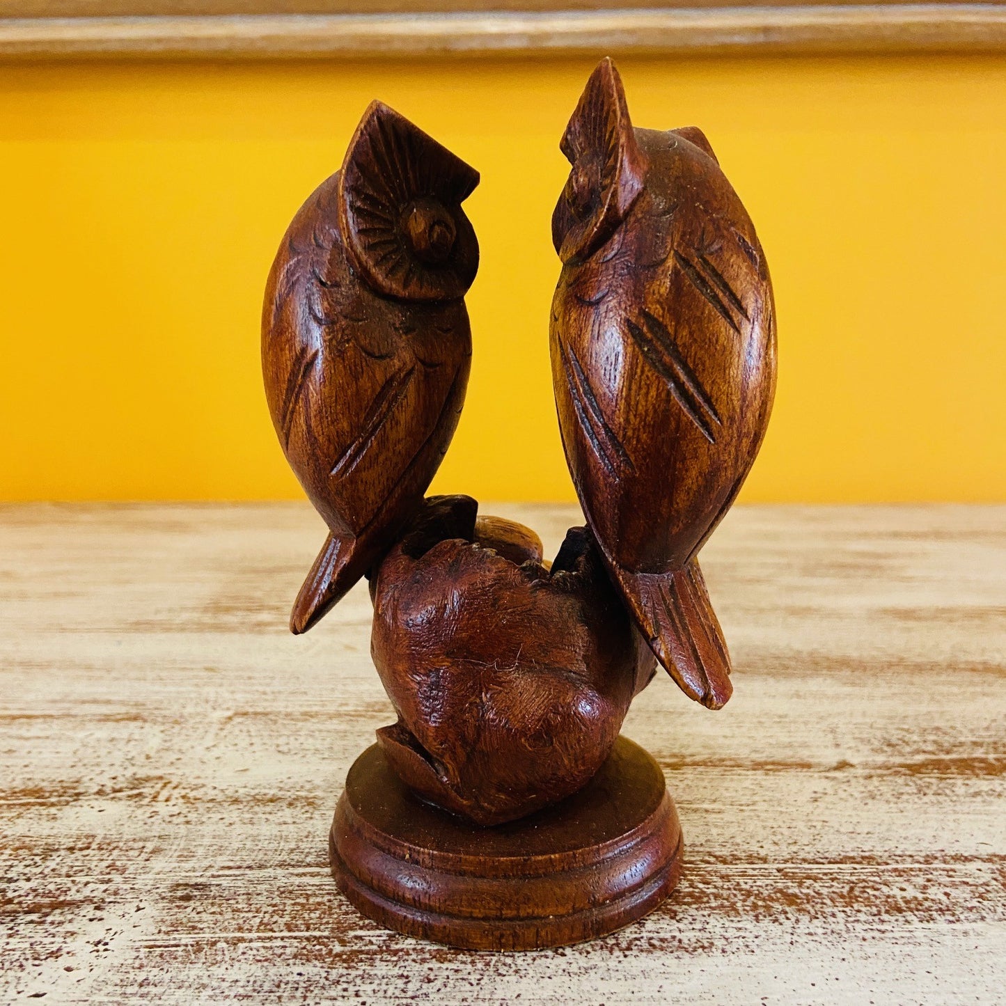 Owl family ethnic wood sculpture nest with eggs