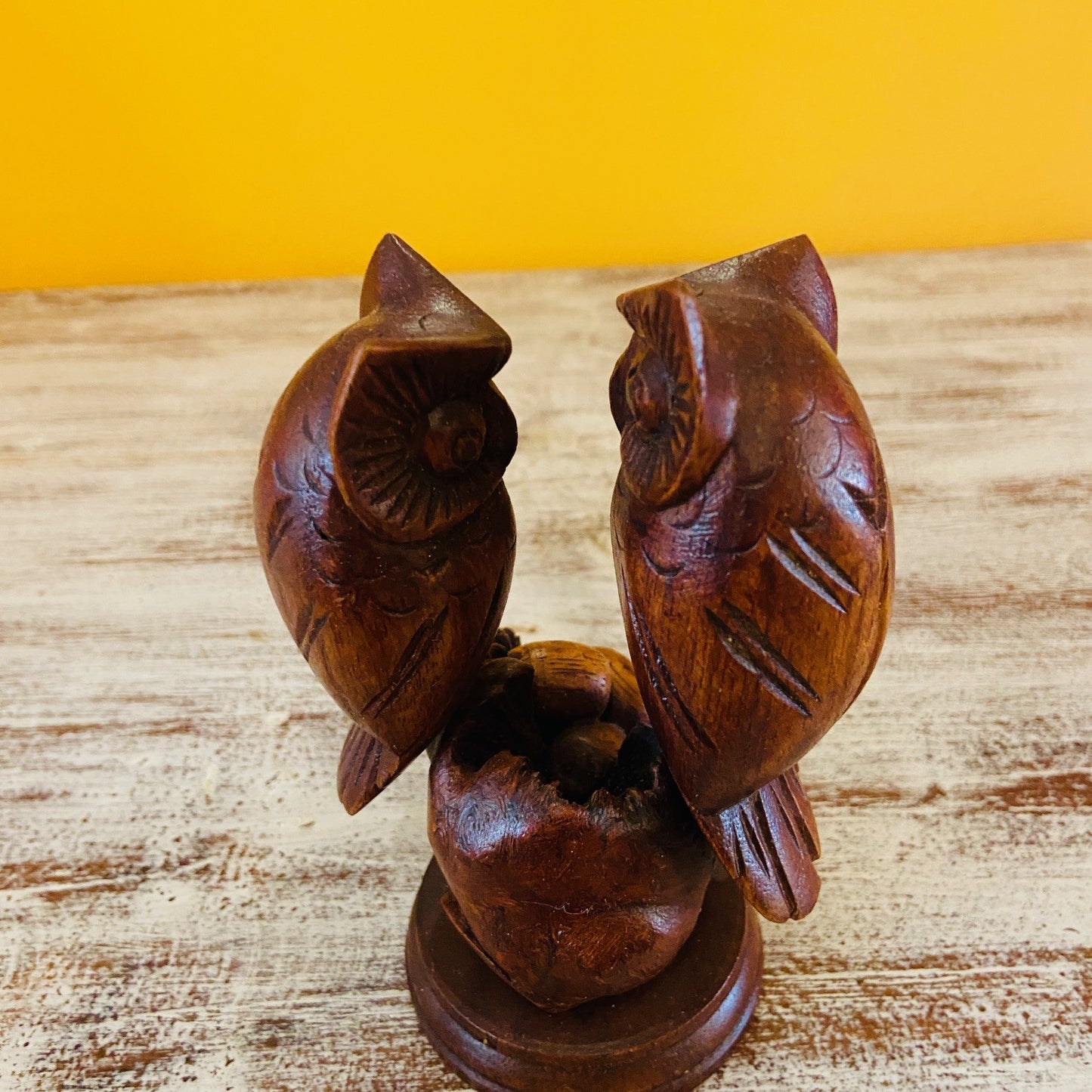 Owl family ethnic wood sculpture nest with eggs