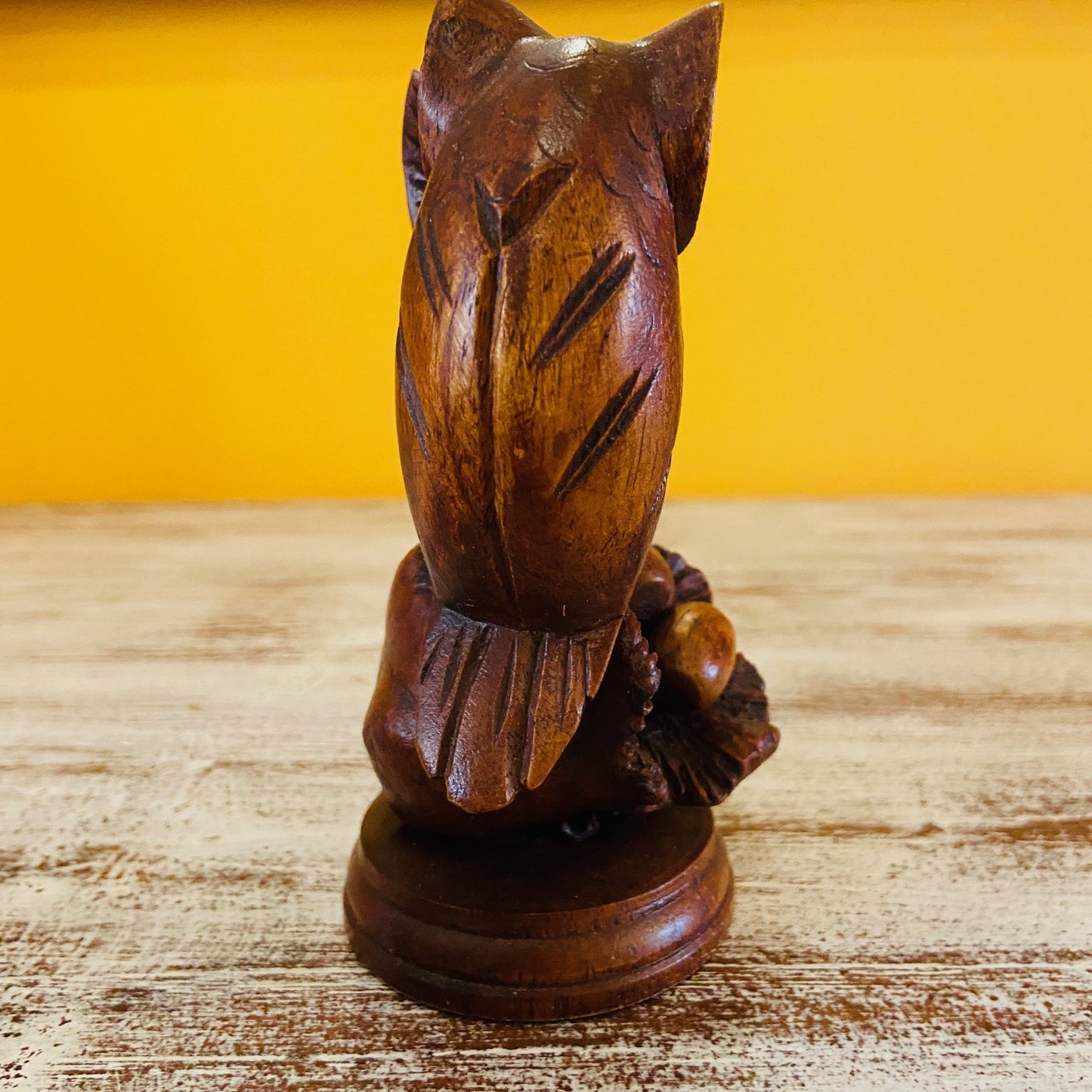 Owl family ethnic wood sculpture nest with eggs