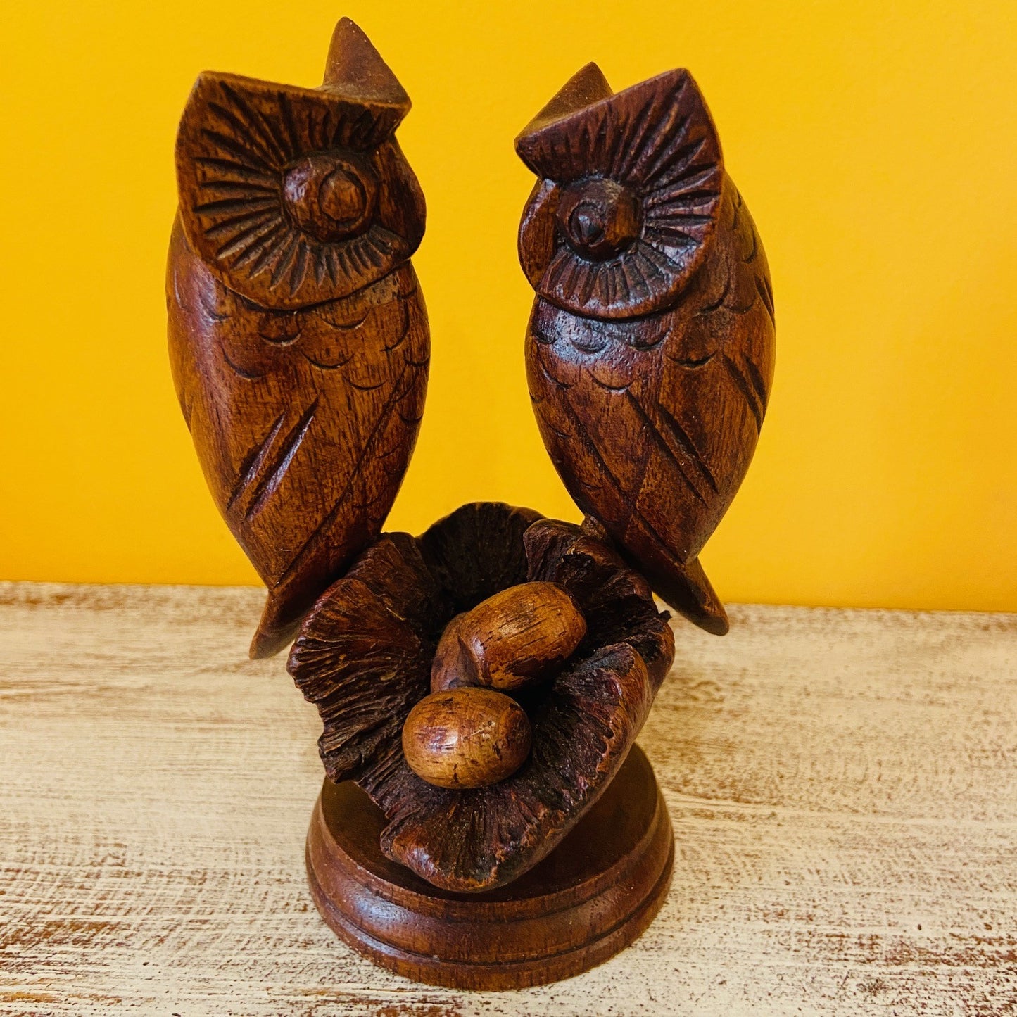 Owl family ethnic wood sculpture nest with eggs