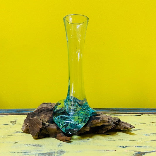 Vase en verre porte-fleurs en forme de racine décor ethnique