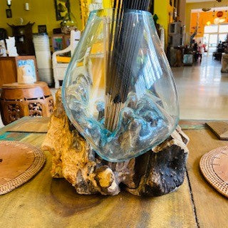 Vase en verre fusionné sur ampoule d'aquarium racine