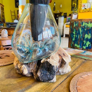 Vase en verre fusionné sur ampoule d'aquarium racine