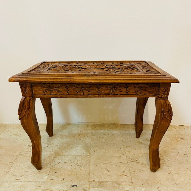 Tavolino etnico intagliato sgabello legno teak - ETNICBAY