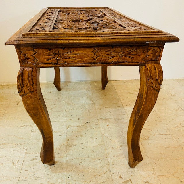 Tavolino etnico intagliato sgabello legno teak - ETNICBAY