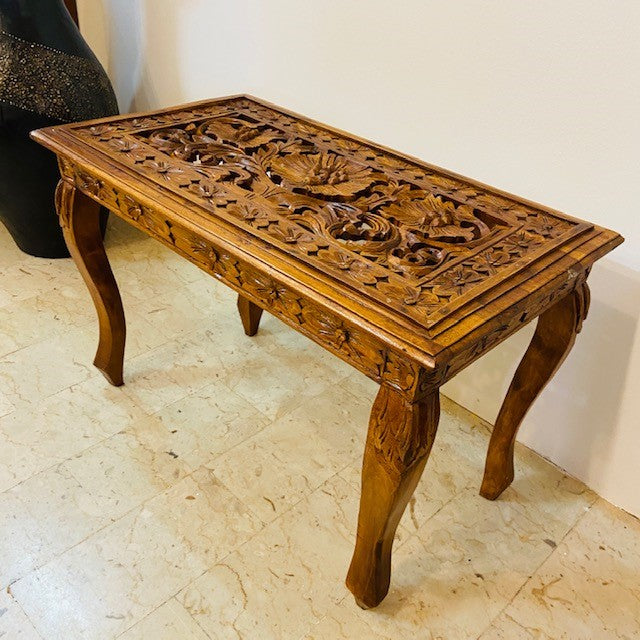 Tavolino etnico intagliato sgabello legno teak - ETNICBAY
