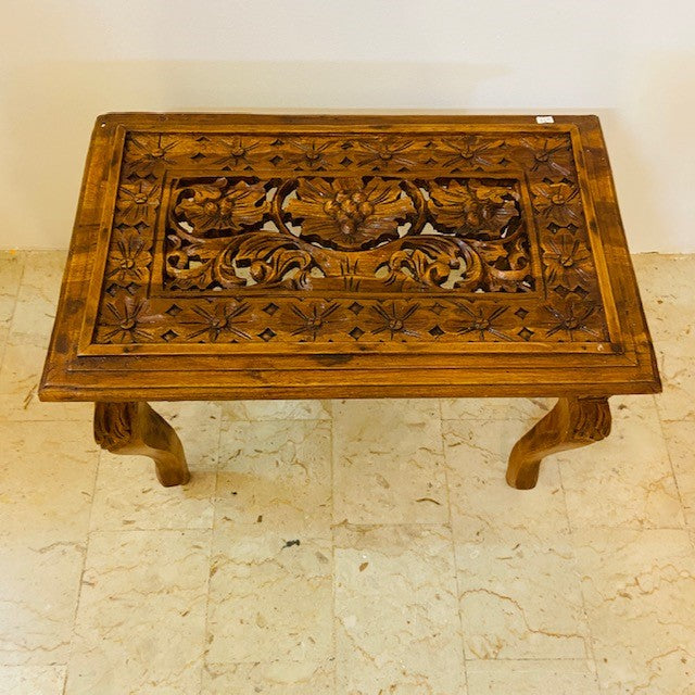 Tavolino etnico intagliato sgabello legno teak - ETNICBAY