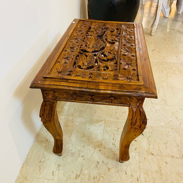 Tavolino etnico intagliato sgabello legno teak - ETNICBAY