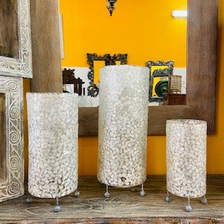 Lot de 3 lampes rondes en nacre abat-jour ethnique