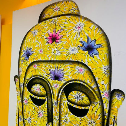 Quadro buddha dipinto su tela stile hippie fiori