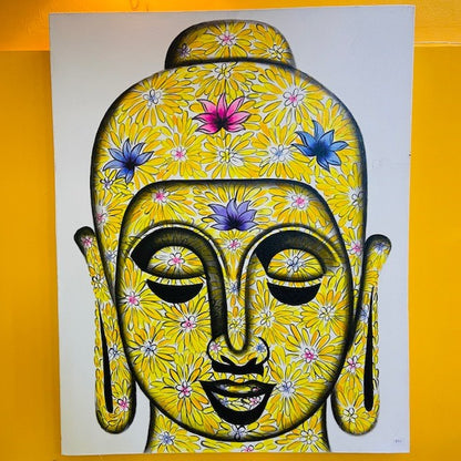 Quadro buddha dipinto su tela stile hippie fiori