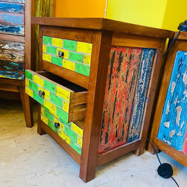 Comodino etnico legno teak mobiletto 3 cassetti