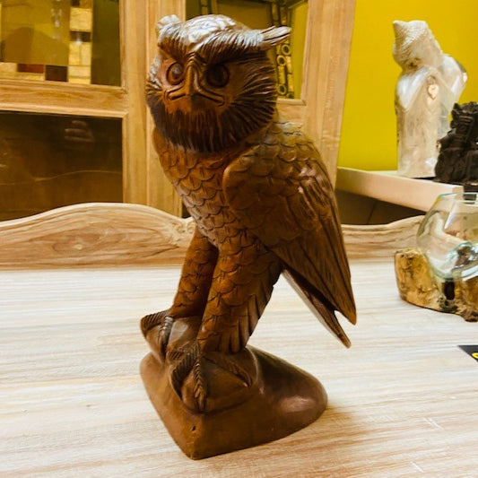 Gufo scultura etnica in legno civetta porta fortuna - ETNICBAY