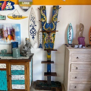 Ethnic tribal teak wood coat stand with shelves