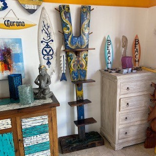 Ethnic tribal teak wood coat stand with shelves
