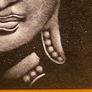 Quadro Buddha dipinto su tela nero grigio argento