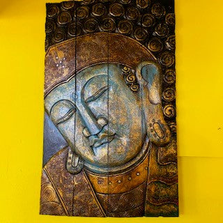 Tableau pliant en bois en relief représentant un Bouddha