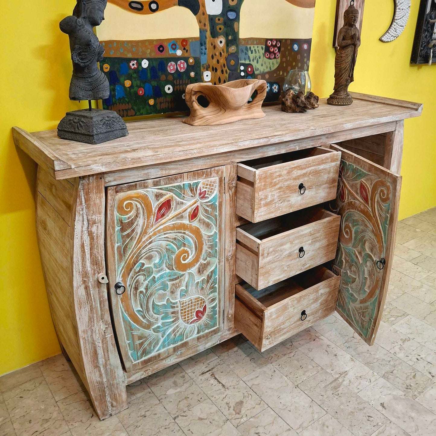 Buffet etnico madia intagliata in legno teak shabby chic