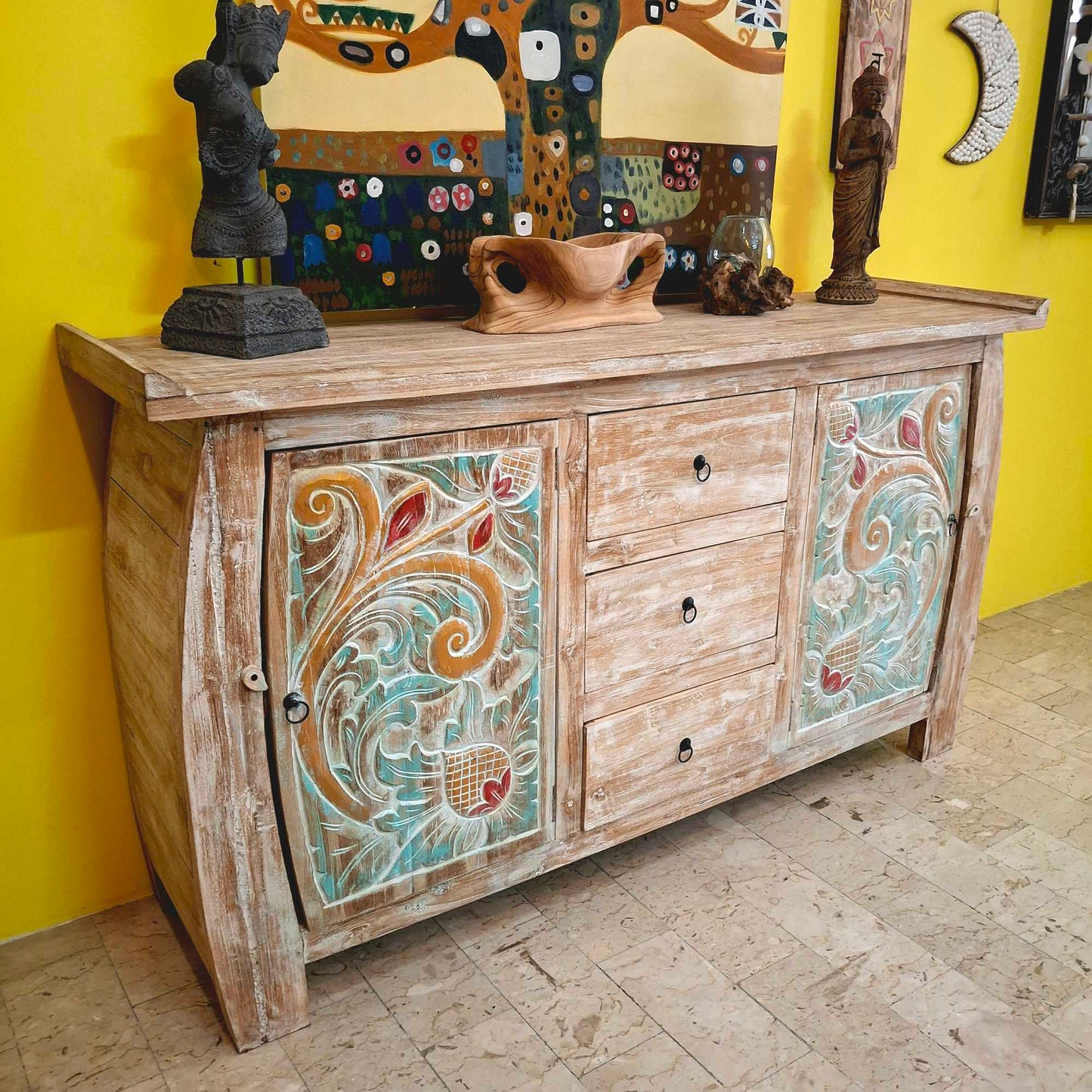 Buffet etnico madia intagliata in legno teak shabby chic