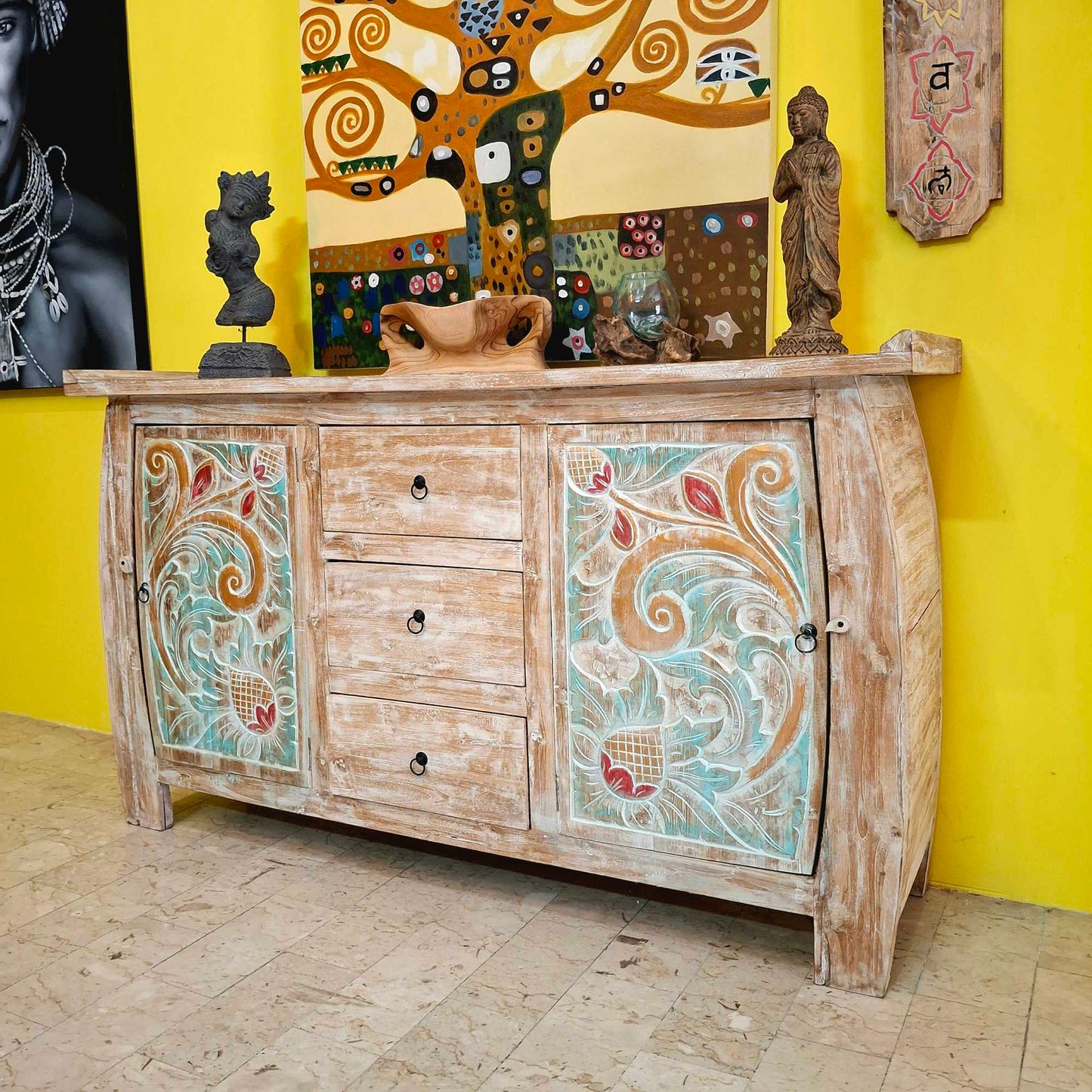 Buffet etnico madia intagliata in legno teak shabby chic