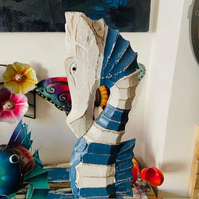 Cavalluccio marino statuetta in legno bianco blu