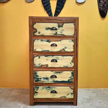 Cassettiera etnica a colonna colorata in legno teak