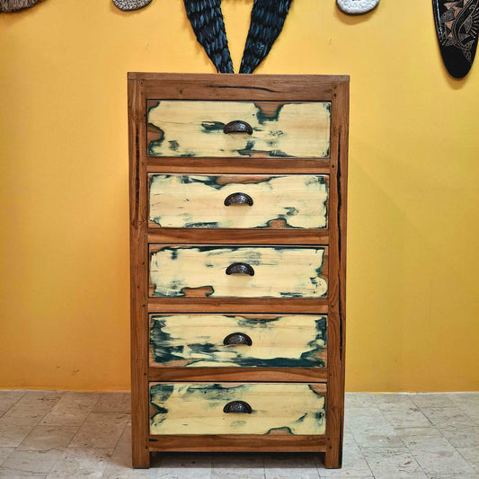 Cassettiera etnica a colonna colorata in legno teak
