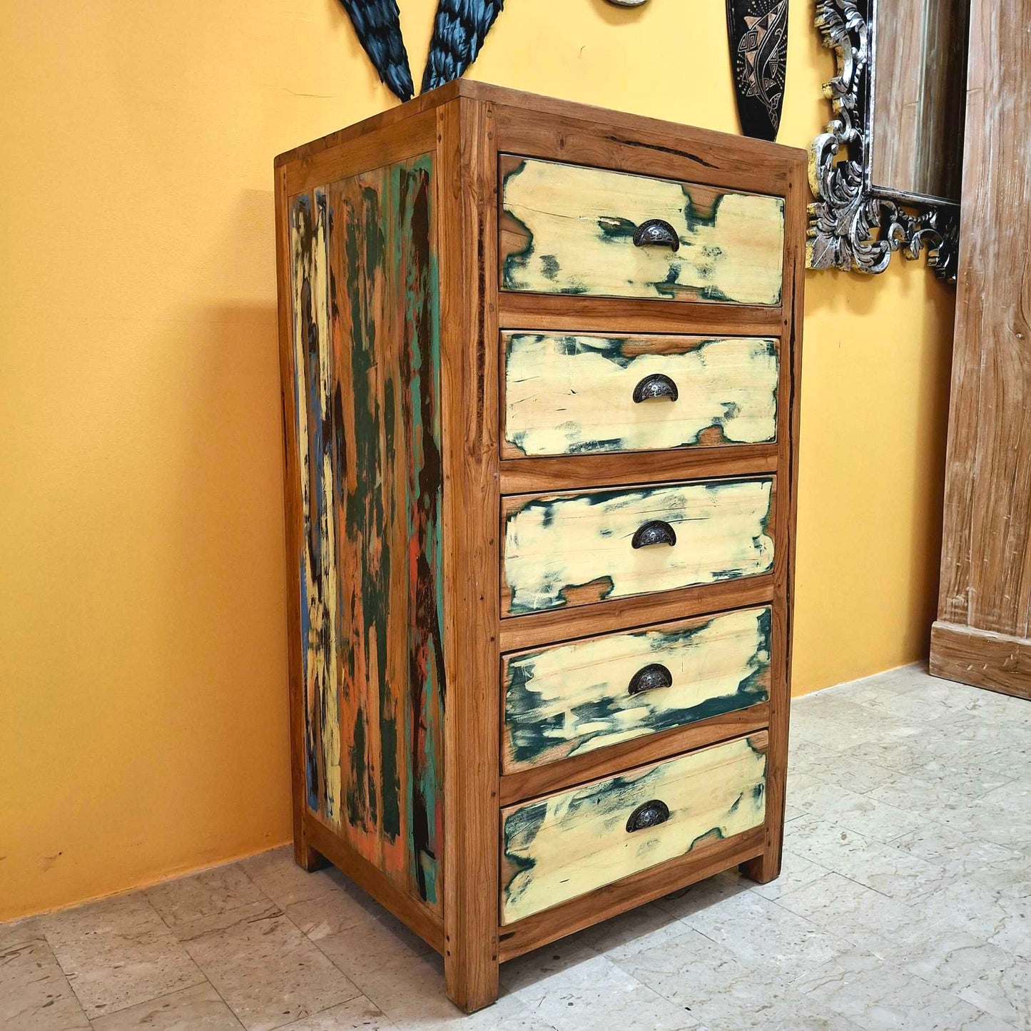 Cassettiera etnica a colonna colorata in legno teak