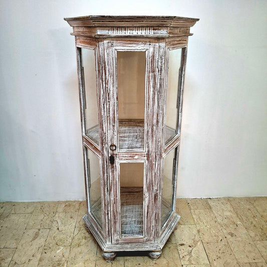 vitrine en bois de teck décapé blanc