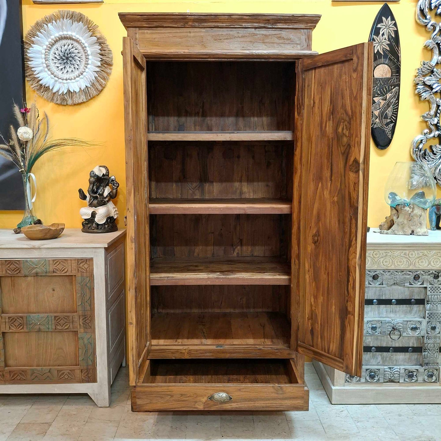 Credenza alta etnica intagliata legno teak mobile contenitore