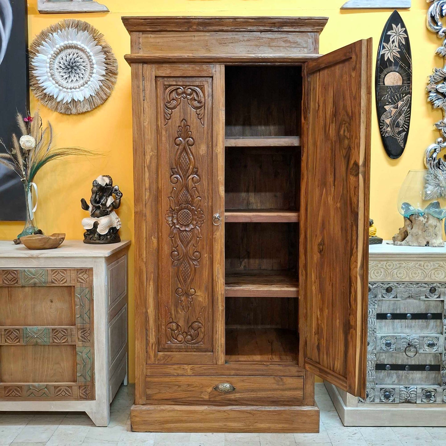 Credenza alta etnica intagliata legno teak mobile contenitore