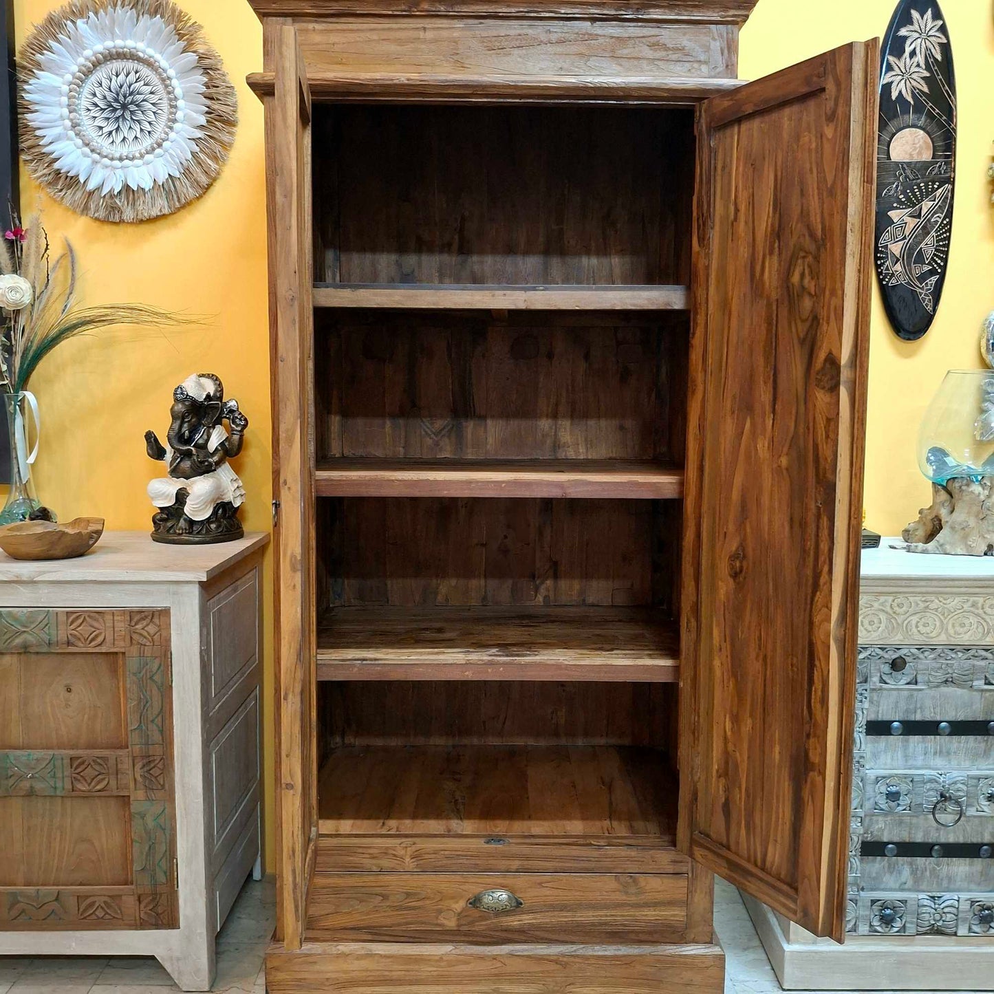Credenza alta etnica intagliata legno teak mobile contenitore