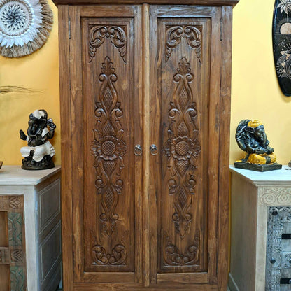 Credenza alta etnica intagliata legno teak mobile contenitore