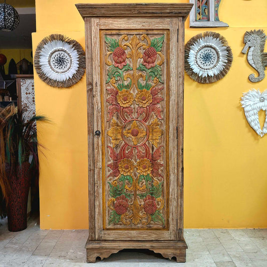 Credenza etnica a colonna armadio vintage intagliata in teak
