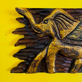 Wooden Frame Elephants Relief Lucky Charm Deco