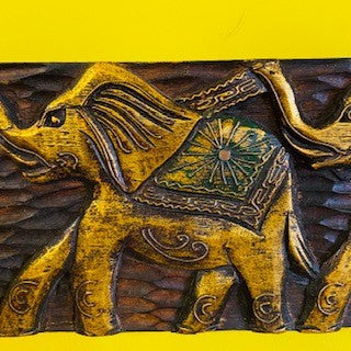 Wooden Frame Elephants Relief Lucky Charm Deco