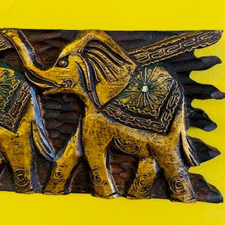 Wooden Frame Elephants Relief Lucky Charm Deco